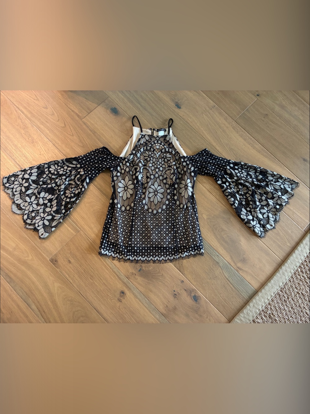 Black Lace Overlay Cold-Shoulder Women’s Top